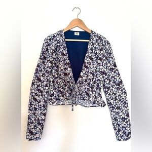 Sunday best Print Floral Women‎ Cropped Tie Front Blue & White XS Long Sleeve
